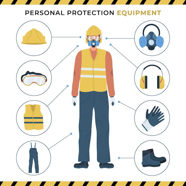 Flat personal protective equipment poster with worker wearing respirator hardhat ear plugs glasses and protective clothing vector illustration