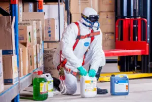 Industrial worker in protective gear handling chemicals