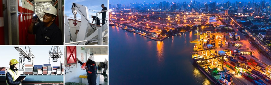 Left side: crew inspecting safety equipment, lifeboat drills, cargo checks, and shipboard inspections. Right side: aerial night view of a brightly lit container port and city skyline.