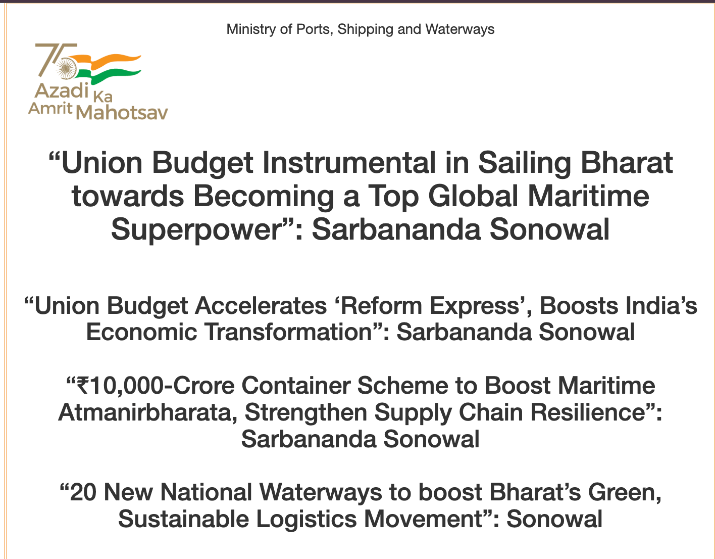Gov Press Release from Ministry of Ports, Shipping and Waterways