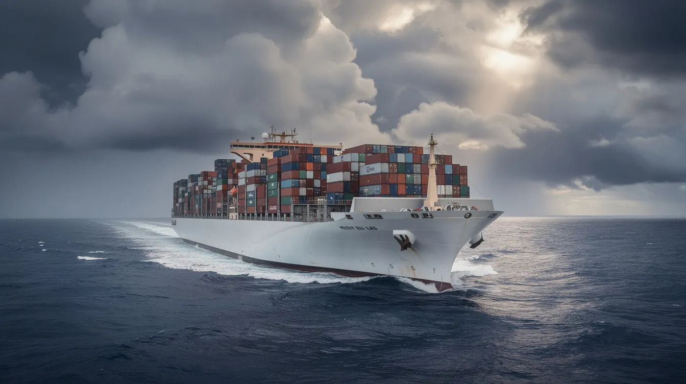 A large container ship is navigating through the open ocean under dramatic, cloudy skies, showcasing the complexities of vessel operations in the maritime industry. The image highlights the significance of effective ship management, including crew management and operational efficiency, essential for ship owners and shipping companies in a volatile freight market.