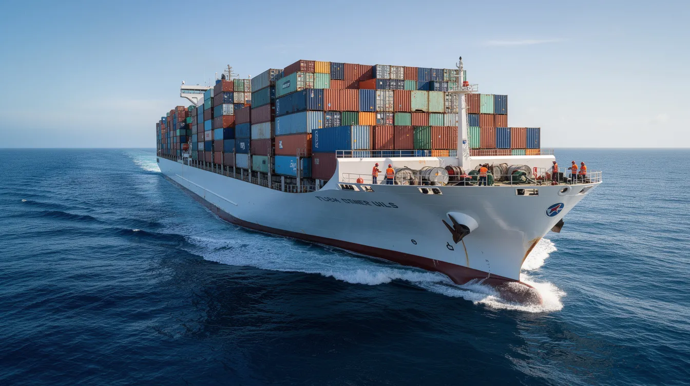 A large cargo ship is sailing on the open ocean, with crew members visible on deck, highlighting the maritime labour convention's focus on seafarers' working and living conditions. The image emphasizes the global nature of maritime operations and the importance of compliance with international regulatory regimes.