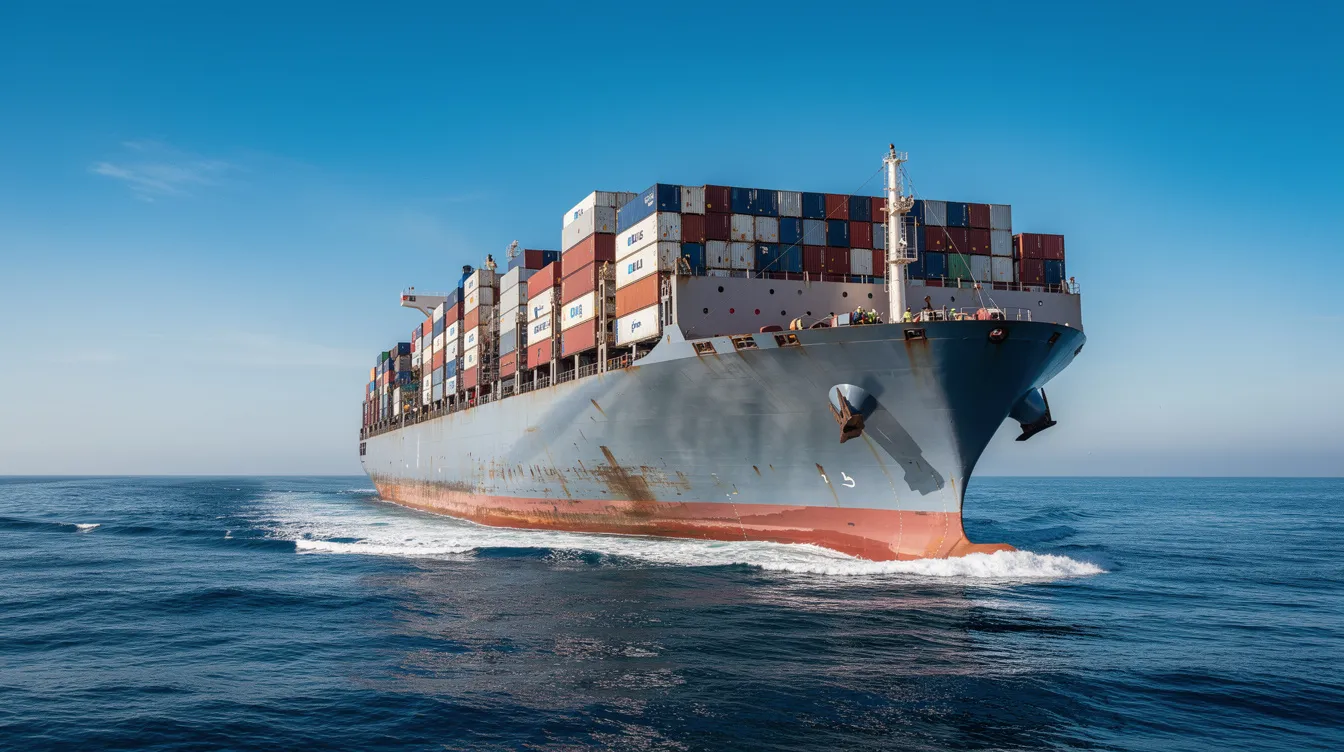 A large container ship navigates through the open ocean under a clear blue sky, symbolizing the vast opportunities within the global maritime industry for seafarers seeking shipping jobs and career growth. The scene reflects the essential operations of marine transport that connect countries and support international trade.