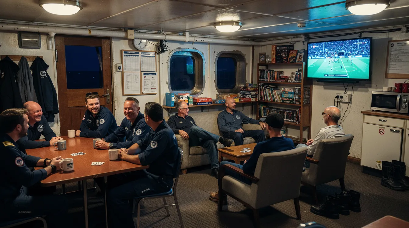 The image depicts a group of seafarers relaxing in a ship's mess room, which features a television and recreational area, highlighting the importance of social security and well-being as part of the Maritime Labour Convention (MLC) 2006 standards for working and living conditions on board commercial vessels. The atmosphere is casual and comfortable, reflecting the necessary rest periods and recreational facilities required for crew members during international voyages.