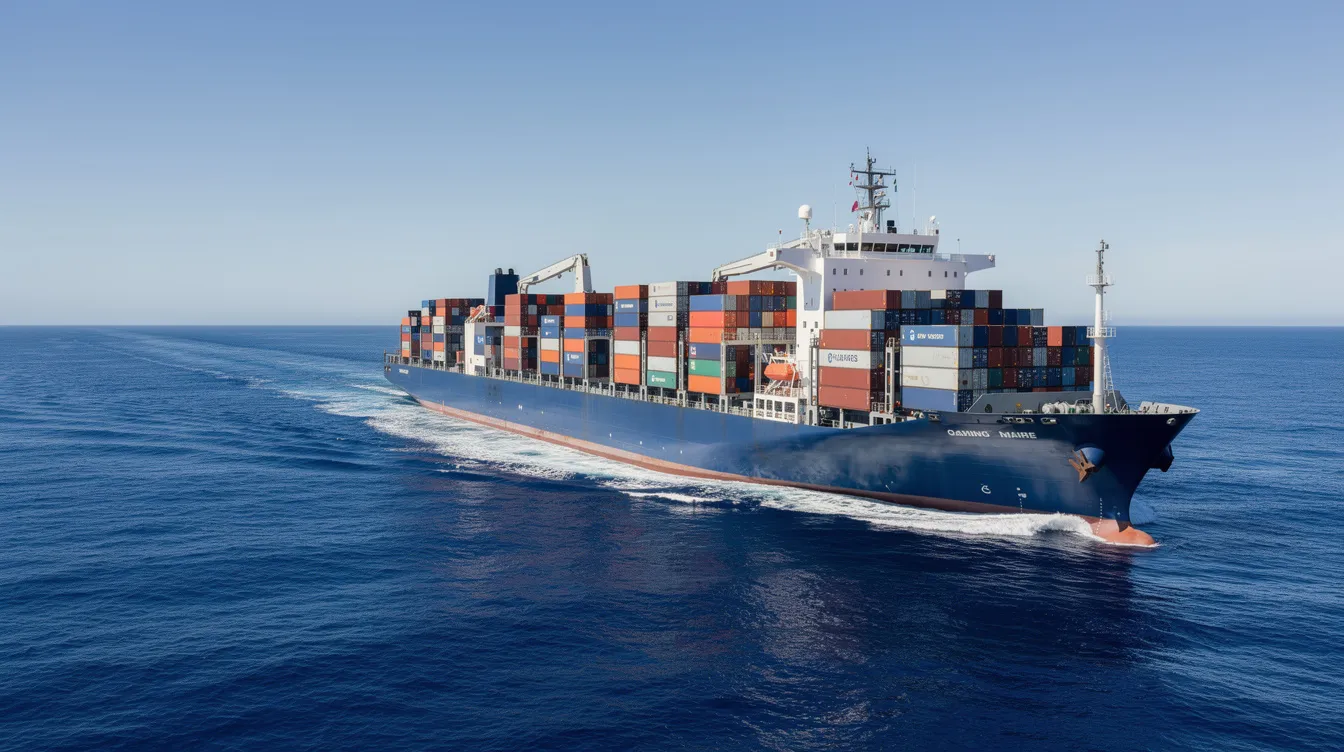 A large cargo vessel is navigating the open ocean waters under a clear sky, symbolizing the maritime industry’s commitment to safety and compliance with international maritime regulations, such as the SOLAS convention and the International Safety Management Code. The ship, likely carrying solid bulk cargoes or oil fuel, represents the essential role of cargo ships in global shipping operations.
