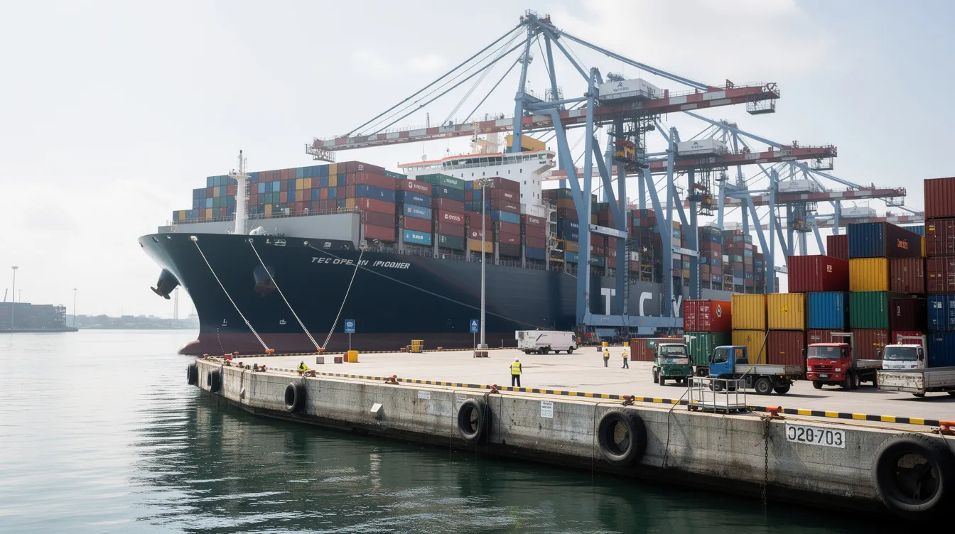 A modern cargo ship is docked at a bustling port terminal, surrounded by towering cranes and various shipping companies' operations. This scene highlights the complexities of ship management functions and the importance of operational efficiency in the maritime industry.