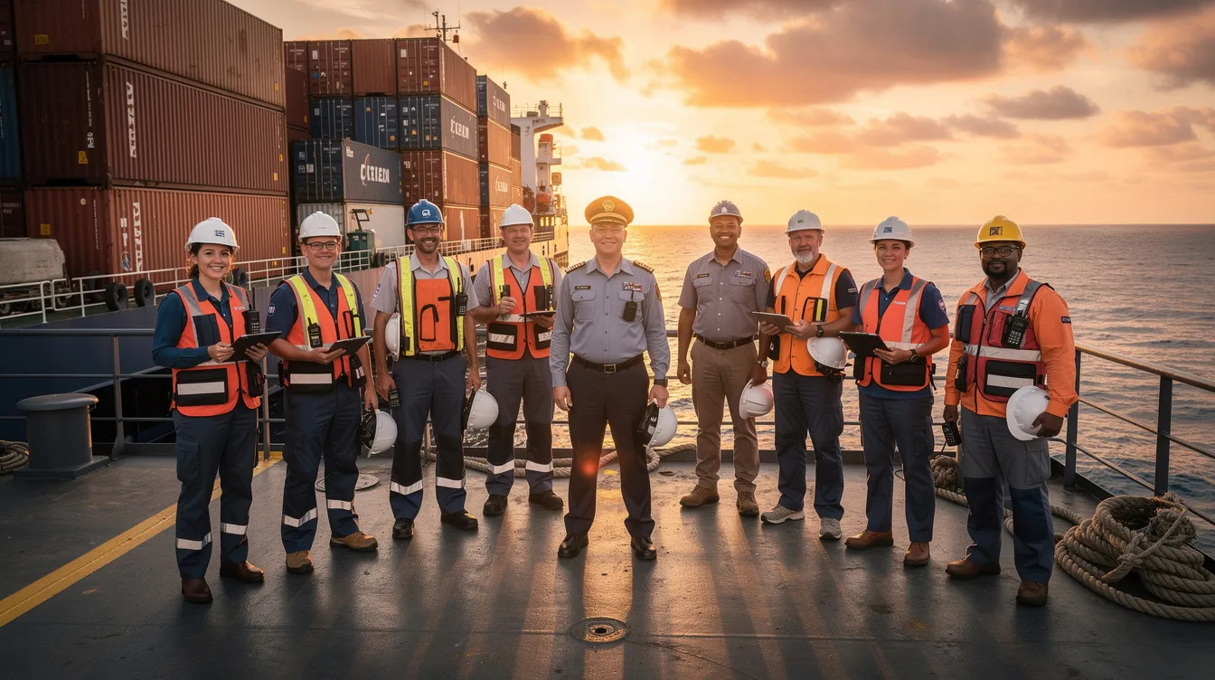 A diverse group of maritime professionals, including men and women, stand confidently on the deck of a cargo vessel at sunset, symbolizing the growth and career opportunities in the global maritime industry. This image highlights the importance of seafarers in shipping jobs and the future of maritime operations across countries like Canada, Australia, and India.