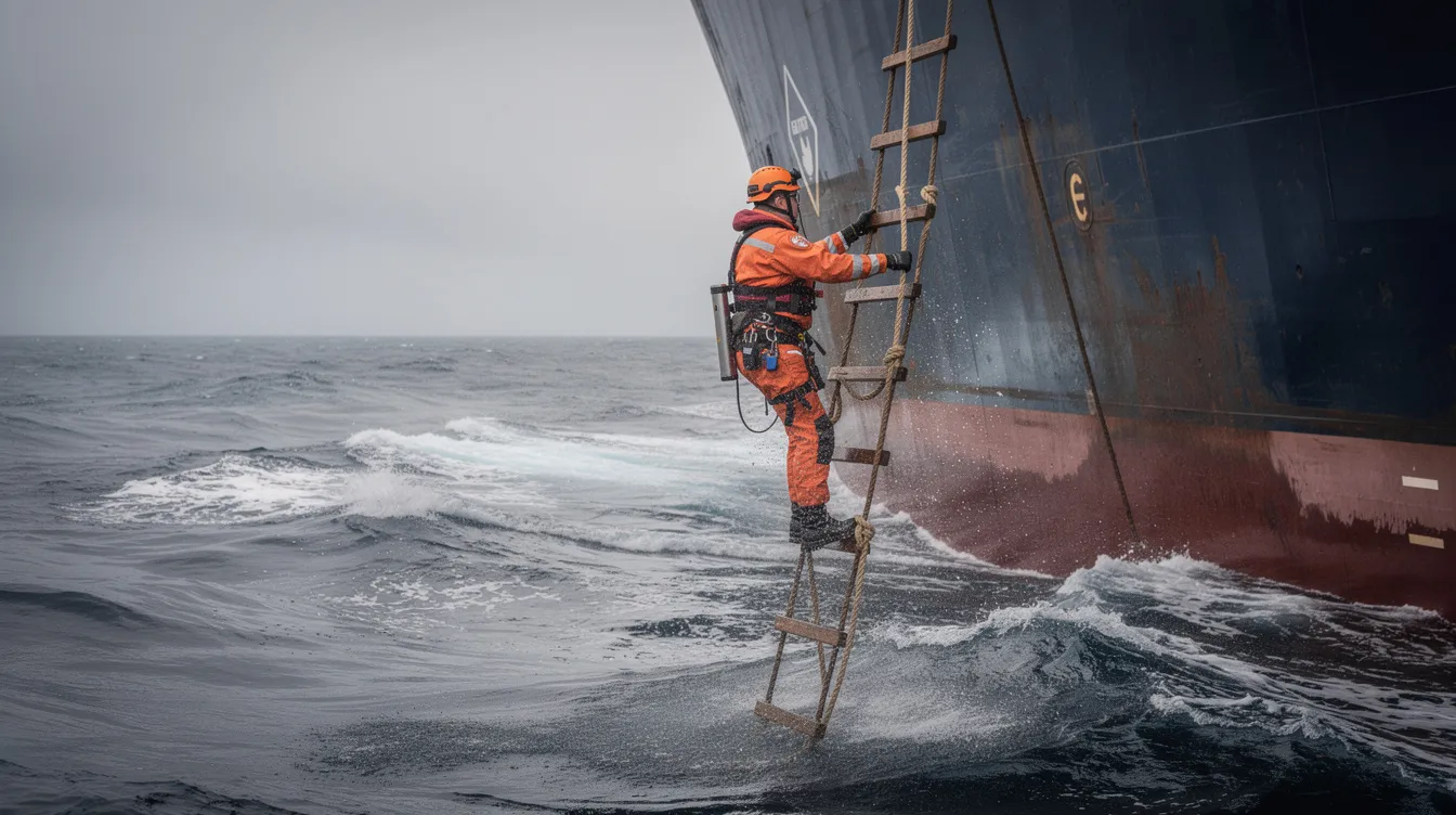 A pilot is seen climbing a rope ladder on the side of a large vessel hull at sea, emphasizing the importance of safe pilot transfer arrangements in the maritime industry. This scene highlights maritime safety practices related to cargo ships and the operational testing of life-saving appliances in accordance with international maritime safety standards.