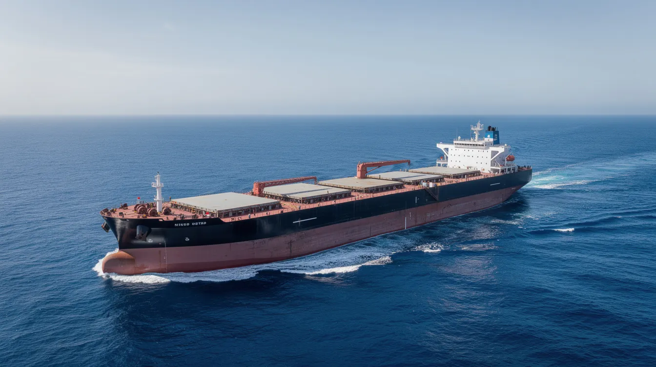 A large bulk carrier vessel is sailing through the open ocean under clear skies, showcasing its robust design and operational efficiency in the maritime industry. The vessel's performance reflects a commitment to maximizing efficiency while managing operational costs, including fuel consumption and maintenance expenses.