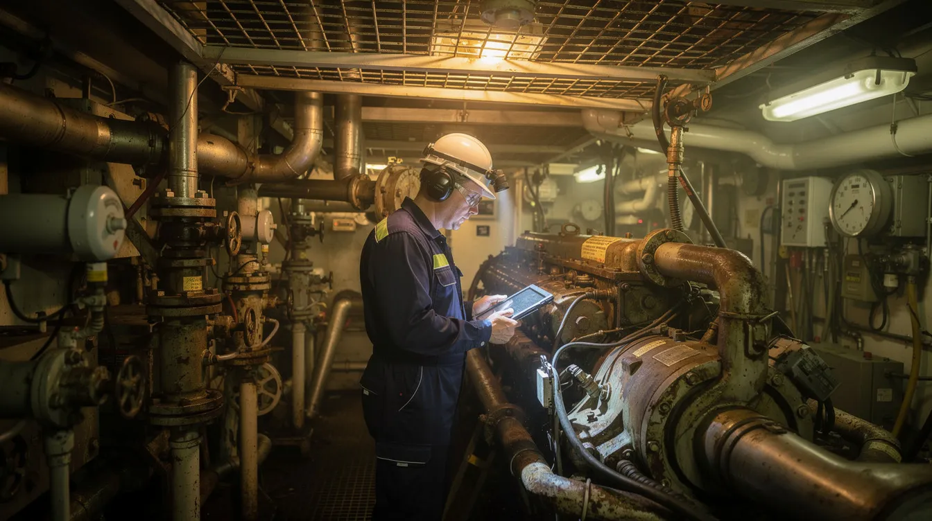 A marine engineer is inspecting machinery in an engine room, focusing on critical systems to ensure operational reliability and compliance with the international safety management code. The engineer is likely engaged in planned maintenance activities to prevent equipment failure and minimize downtime, utilizing a computerized maintenance management system to document vessel maintenance and maintain accurate records.