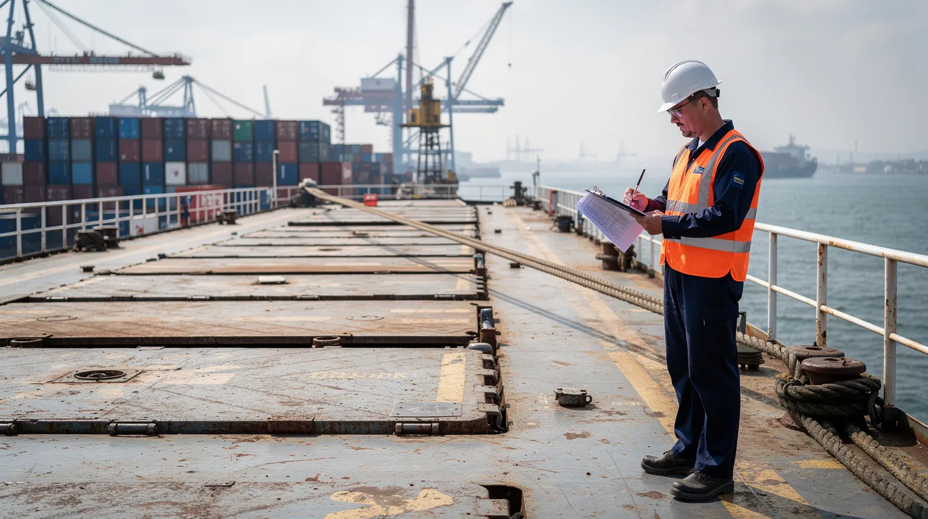 A maritime surveyor is inspecting the deck of a cargo vessel, holding a clipboard while assessing compliance with the Maritime Labour Convention (MLC 2006) requirements. The scene reflects the importance of ensuring safe working and living conditions for seafarers on international voyages.