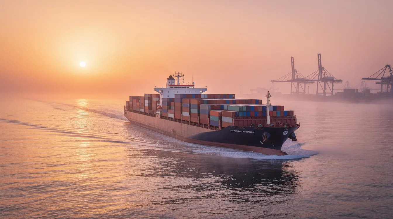 A large cargo ship is sailing across a calm sea at sunrise, with the warm hues of dawn illuminating the scene and port cranes visible in the distance. This image reflects the maritime transport sector's ongoing efforts to reduce greenhouse gas emissions and transition towards net zero emissions through the adoption of alternative fuels and enhanced energy efficiency.