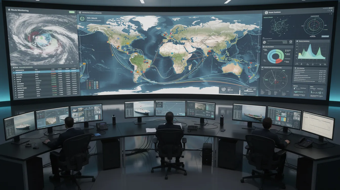 The image depicts a modern ship management operations center filled with multiple screens displaying maritime data, including metrics related to the carbon intensity indicator (CII) and operational efficiency. This high-tech environment is designed to monitor fuel consumption and support shipping companies in achieving their required annual operational CII targets.
