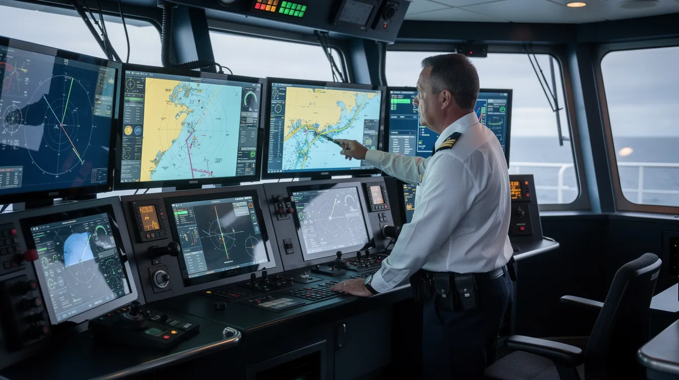 A ship officer is intently reviewing digital navigation and monitoring screens on the bridge of a cargo vessel, focusing on real-time data analytics to optimize fuel consumption and operational efficiency. The environment reflects the maritime industry's emphasis on maintaining profitability and reducing operational costs through informed decisions and effective voyage planning.