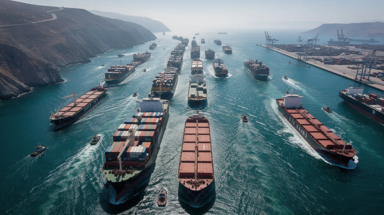 An aerial view captures a busy shipping strait filled with numerous cargo ships and tankers navigating through narrow waterways, highlighting the critical nature of maritime security in high-risk areas like the Indian Ocean and Arabian Sea, where piracy incidents and armed robbery against ships have been reported. The image emphasizes the importance of vigilance and effective management practices for ship owners and crew members operating in these global trade routes.