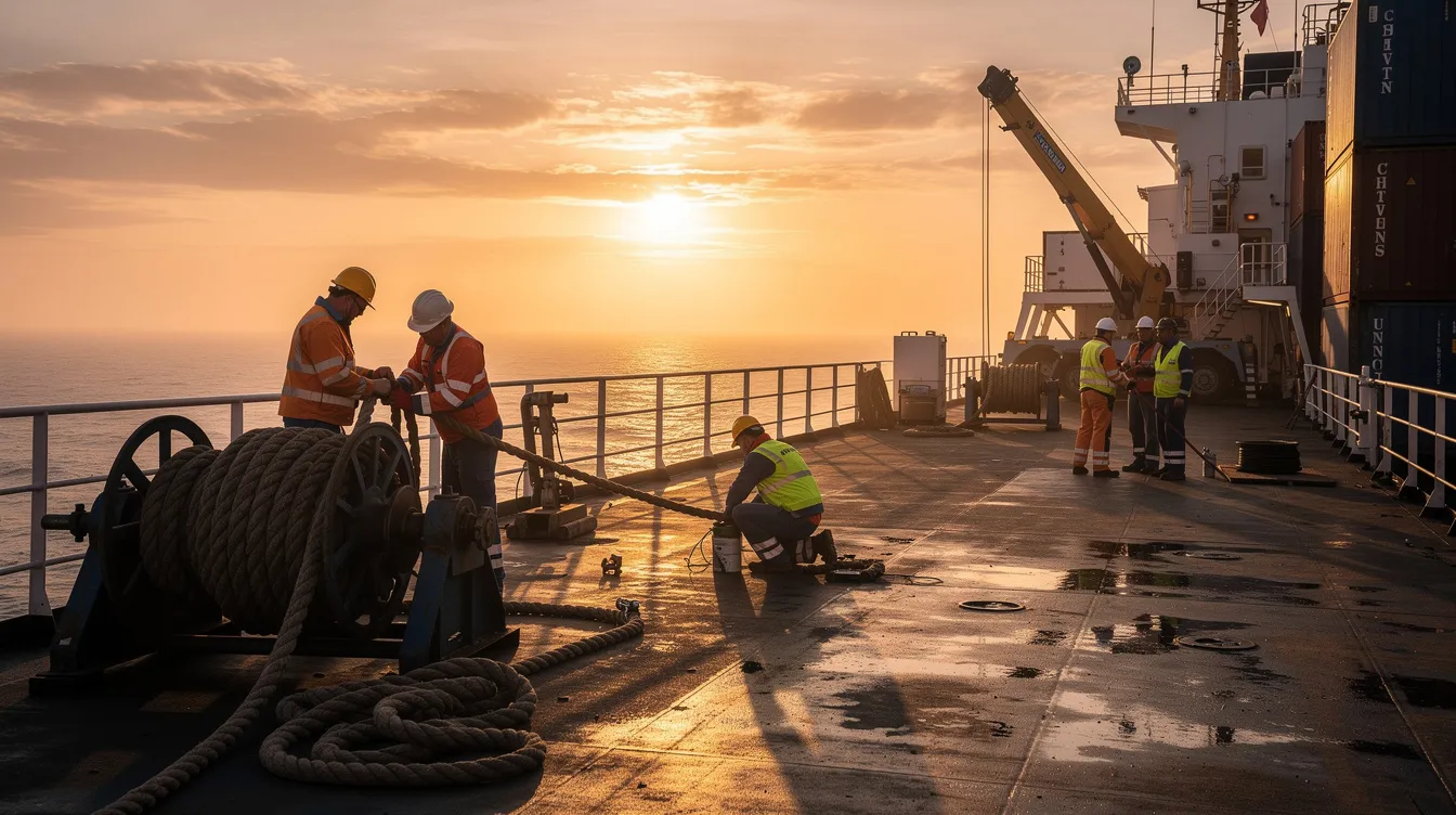 The image depicts a ship crew on deck at sunrise, engaged in preparations for various operations. As they work together, their teamwork reflects the importance of hiring processes and team dynamics in ensuring high morale and productivity among the entire organization.