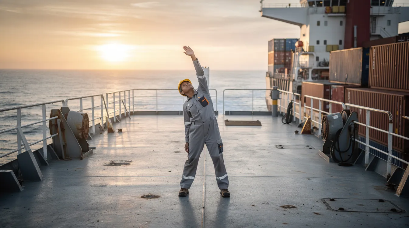 A seafarer is performing stretching exercises on the open deck of a cargo ship, with the vast ocean in the background. This scene highlights the importance of maintaining physical fitness and mental well-being for crew members, especially during extended periods at sea.