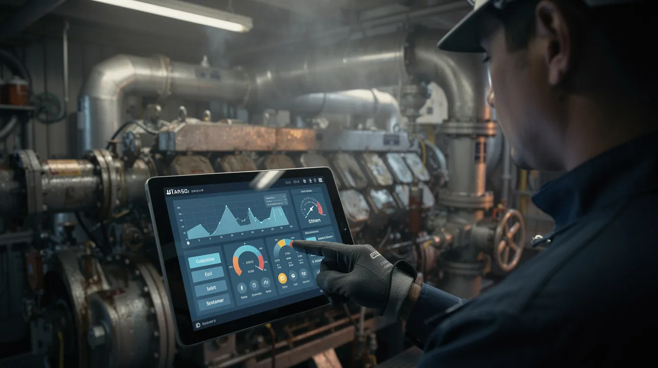 A digital tablet is being utilized near ship machinery, highlighting the integration of a planned maintenance system for effective management of maintenance tasks and operational efficiency in the maritime industry. This setup aids ship managers in documenting vessel maintenance and ensuring compliance with regulatory requirements while minimizing costly downtime.