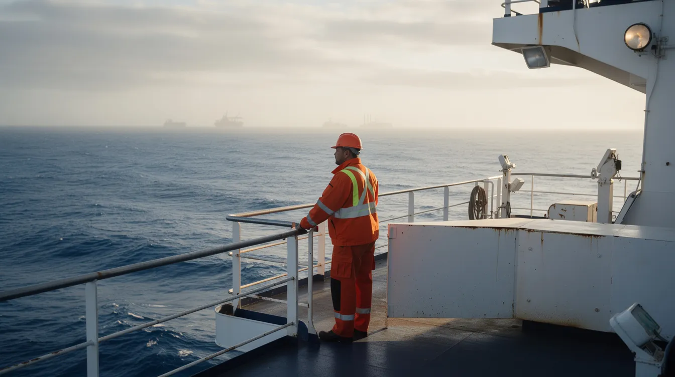 A seafarer stands on the bridge wing of a vessel, gazing out over the vast ocean, contemplating the challenges of the hiring process and the potential costs of a bad hire. The image captures the solitude and responsibility of a hiring manager, reflecting on the impact of poor hiring decisions on team morale and overall productivity.