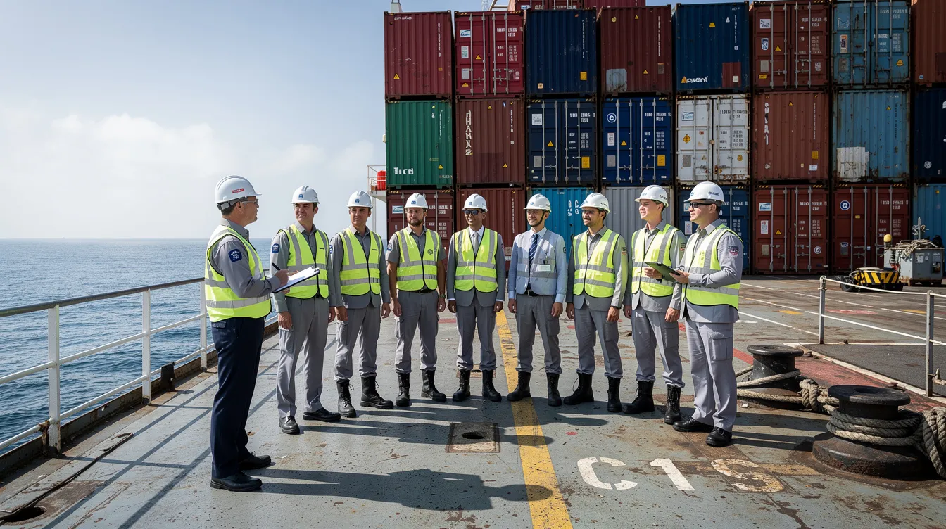 A ship crew stands on the deck during an inspection, with a backdrop of the ocean and stacked containers, highlighting the importance of reducing greenhouse gas emissions in the international shipping sector. The scene reflects the industry's efforts towards achieving net zero emissions and improving operational efficiency in compliance with IMO's GHG strategy.