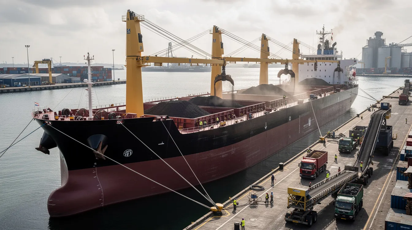 A large bulk carrier is docked at a port berth, actively engaged in cargo operations, with cranes and workers facilitating the transfer of goods. This scene highlights the importance of efficiency in operations, akin to the hiring process in human resource management, where a poor hiring decision can lead to decreased productivity and financial costs for the entire organization.