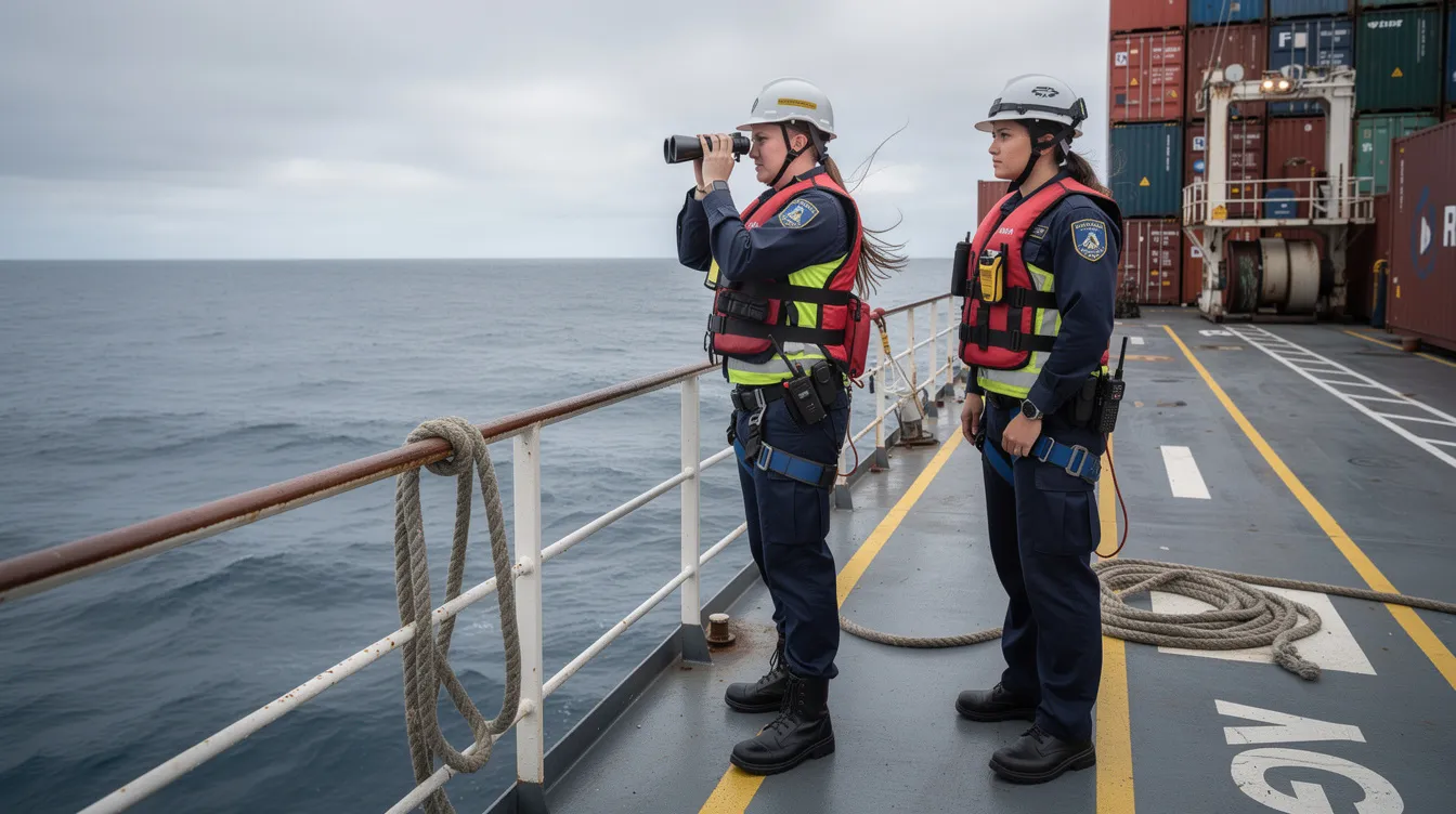 The image depicts maritime security personnel in safety gear standing watch on the deck of a commercial cargo vessel, ensuring the safety of the ship and crew against potential piracy incidents in high-risk areas like the Indian Ocean and Arabian Sea. Their vigilant presence is crucial in countering armed robbery and illegal acts that threaten global trade.