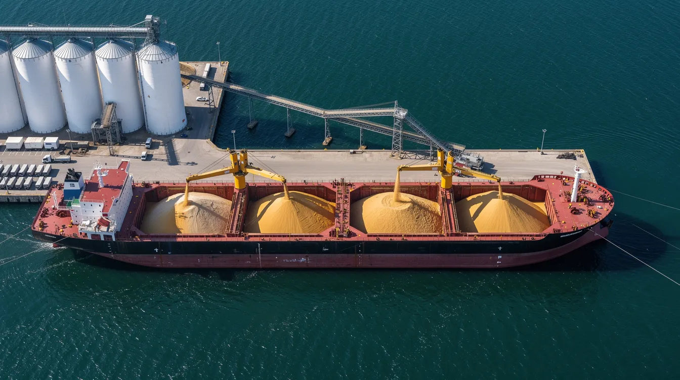 An aerial view captures a bulk carrier being loaded with solid bulk cargoes at a grain terminal, emphasizing the vital operations within the maritime industry. This scene reflects the importance of maritime safety and adherence to international conventions, such as the SOLAS Convention, in ensuring efficient shipping operations.