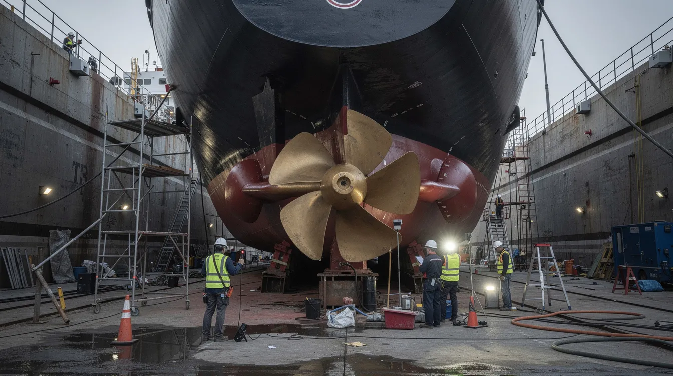 The image depicts a ship's propeller and hull being meticulously inspected while in drydock, highlighting the importance of operational efficiency and energy efficiency in maritime operations. This inspection is crucial for ensuring compliance with IMO regulations and improving the ship's operational carbon intensity rating.