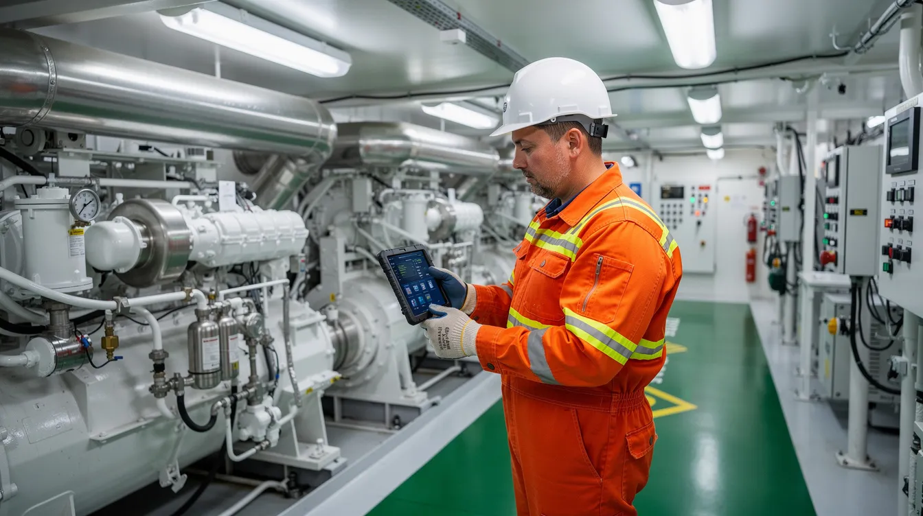 A seafarer wearing a safety helmet inspects machinery in a clean engine room, holding a tablet to monitor operational efficiency. This scene reflects the shipping industry's commitment to reducing greenhouse gas emissions and enhancing energy efficiency in line with the IMO's net zero framework.