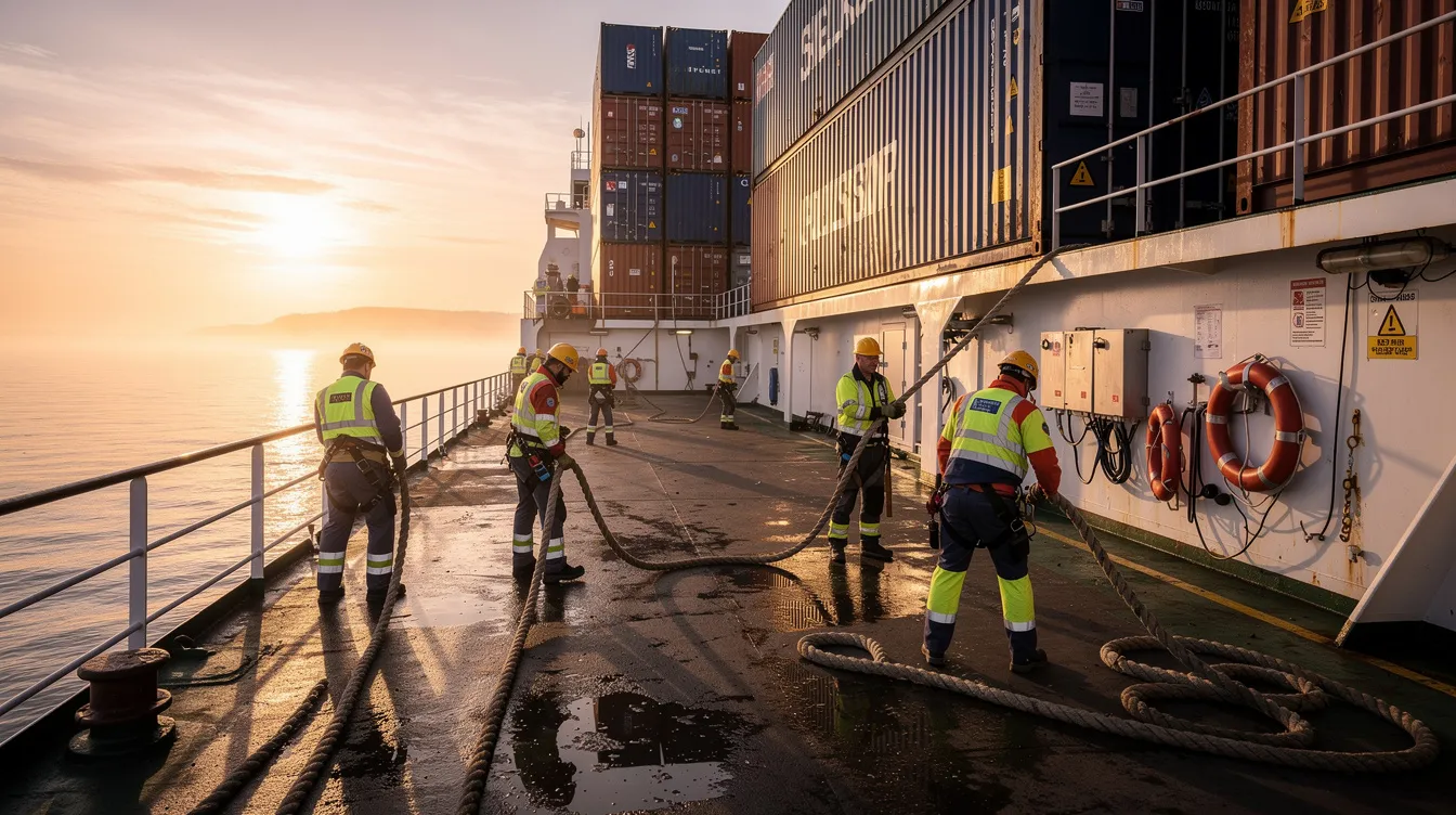 Crew members in safety gear are diligently working on the deck of a cargo vessel at sunrise, highlighting the critical ship management activities essential for operational efficiency in the maritime industry. The scene captures the teamwork and focus required in vessel operations, emphasizing the importance of safety and maintenance in a complex business environment.