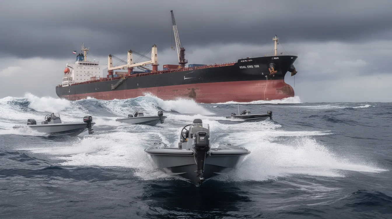 The image depicts small fast boats approaching a large tanker vessel amidst rough ocean waters, highlighting the ongoing threat of maritime piracy and armed robbery against ships in high-risk areas like the Indian Ocean and Arabian Sea. This scene underscores the need for effective maritime security measures to protect commercial vessels and their crew members from potential pirate attacks.