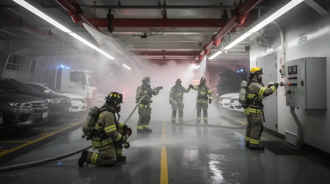 A firefighting crew is conducting a drill on a ship's vehicle deck, showcasing water spray systems designed for fire protection. This training emphasizes maritime safety and operational testing, ensuring compliance with international safety management codes and SOLAS conventions.