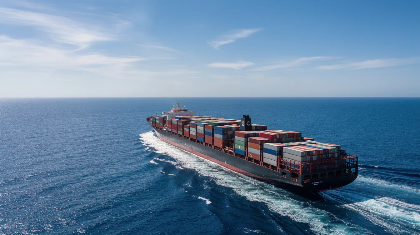 A large cargo vessel is navigating through the open ocean under clear skies, showcasing its operational efficiency as it carries a significant amount of cargo. This scene highlights the importance of monitoring the ship's operational carbon intensity and adhering to IMO regulations to reduce carbon intensity and improve energy efficiency.