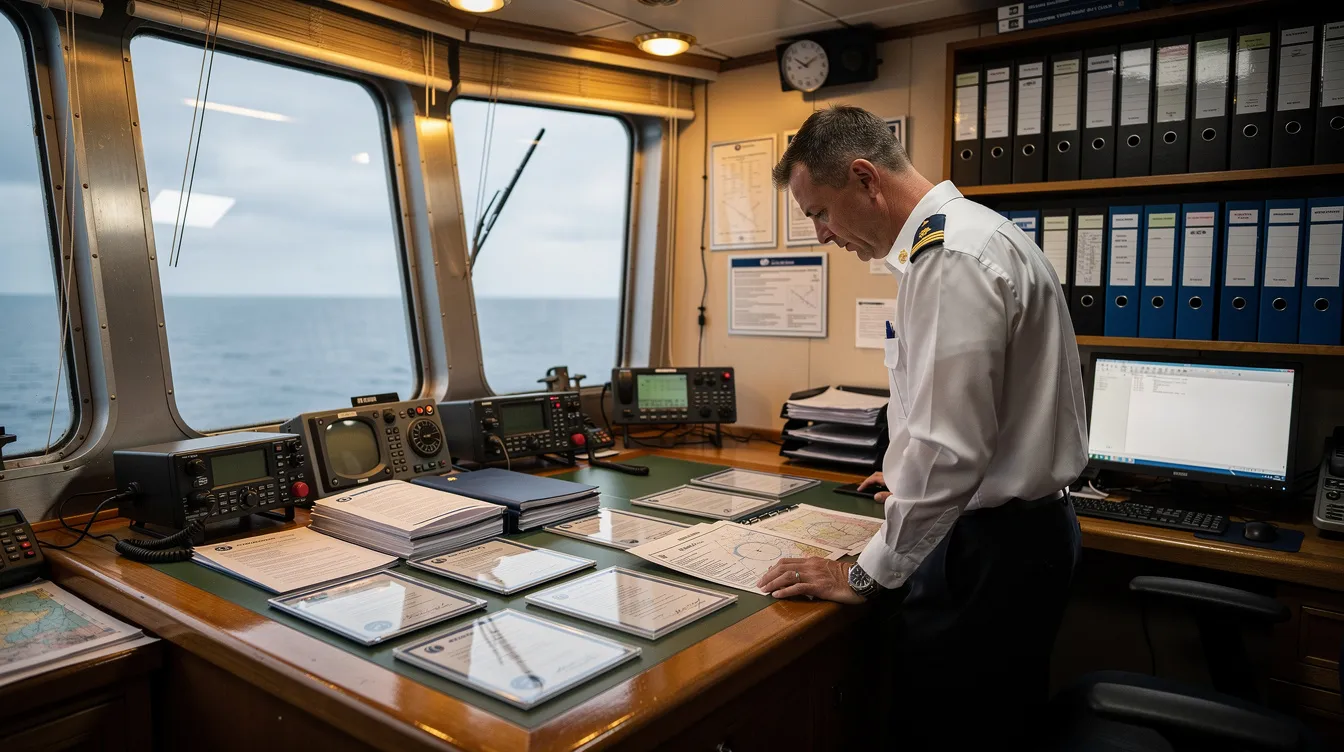 An image of a ship officer sitting at a desk in the bridge office, carefully reviewing various maritime documents and certificates, including those related to the Maritime Labour Convention (MLC 2006) and compliance with international regulatory regimes. The officer's focus highlights the importance of maintaining seafarers' rights and ensuring adherence to health protection and financial security requirements on board commercial vessels.