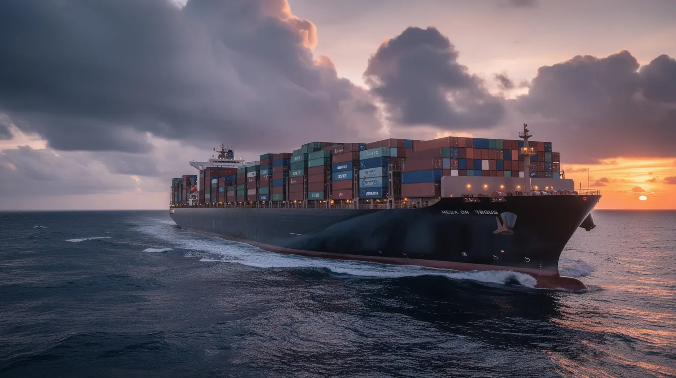 A large cargo ship is sailing through the open ocean waters at dusk, surrounded by dramatic clouds that reflect the changing colors of the sky. This scene highlights the importance of maritime security as vessels traverse high-risk areas known for piracy incidents, underscoring the need for vigilance against potential armed robbery and illegal acts on the high seas.