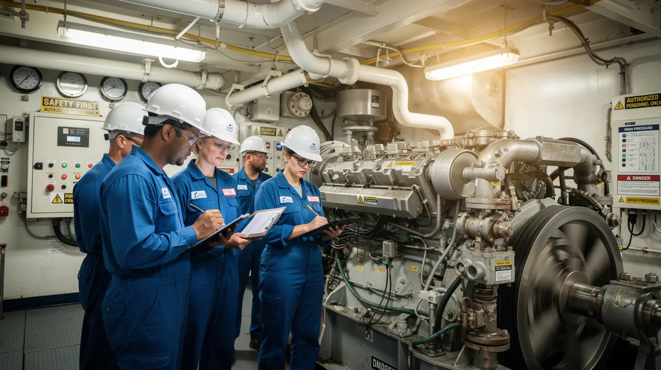 A group of seafarers is gathered around machinery during a vessel inspection, reviewing maintenance records and discussing preventive maintenance strategies to ensure regulatory compliance and enhance operational efficiency. This proactive approach to ship maintenance management aims to minimize downtime and improve the reliability of critical equipment.
