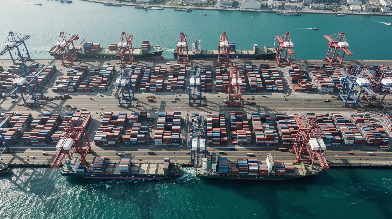 An aerial view of a bustling commercial port showcases numerous cargo ships berthed alongside towering container cranes, highlighting the maritime industry's operational efficiency and the complexities of cargo handling. This vibrant scene reflects the ongoing costs and operational expenses associated with global shipping and the importance of maximizing efficiency in maritime operations.