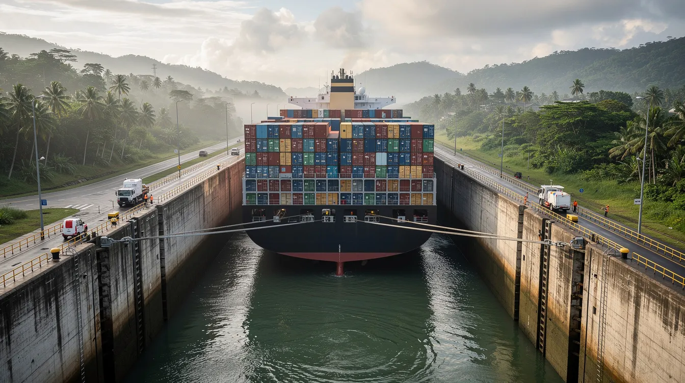 A large container ship navigates through the concrete lock chambers of the Panama Canal, surrounded by lush tropical vegetation. This scene highlights the canal's role in global trade and its ongoing water management strategy, particularly in light of the maximum authorized draft restrictions for vessels transiting through the neopanamax locks.