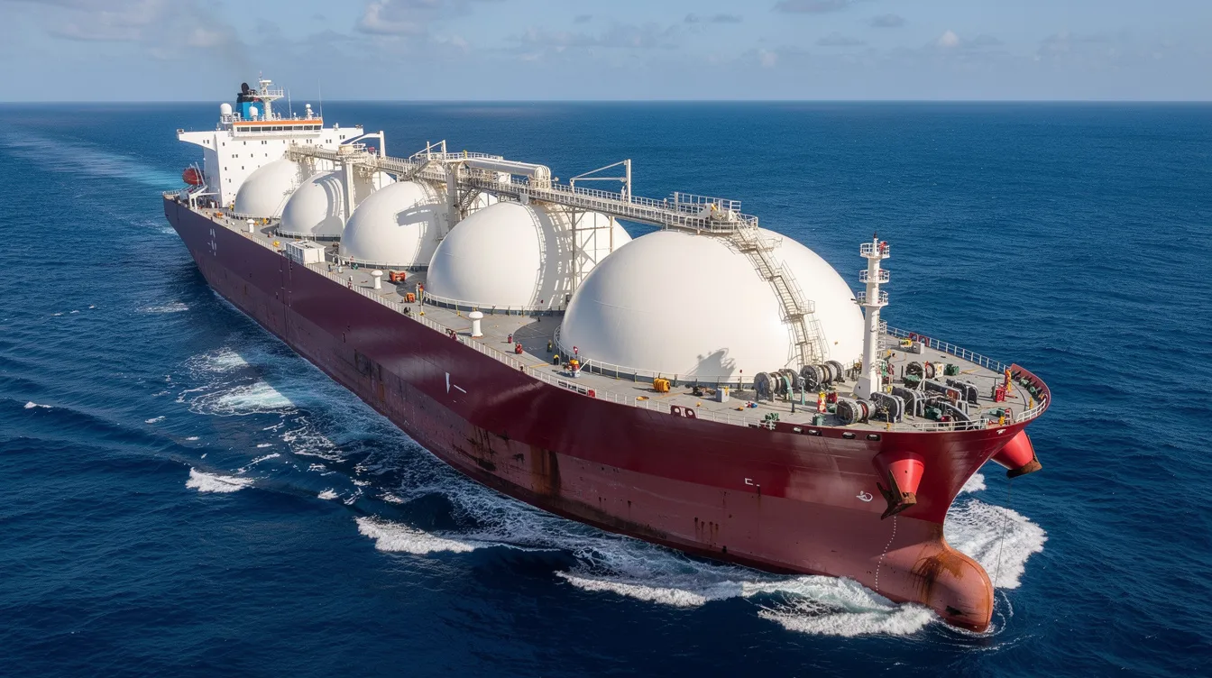 A large LNG carrier vessel is sailing across the open ocean, showcasing its distinctive spherical cargo tanks on deck designed for transporting liquefied natural gas. The ship's hull is robust, equipped with advanced cargo systems and safety devices to ensure compliance with safety standards during LNG shipments.
