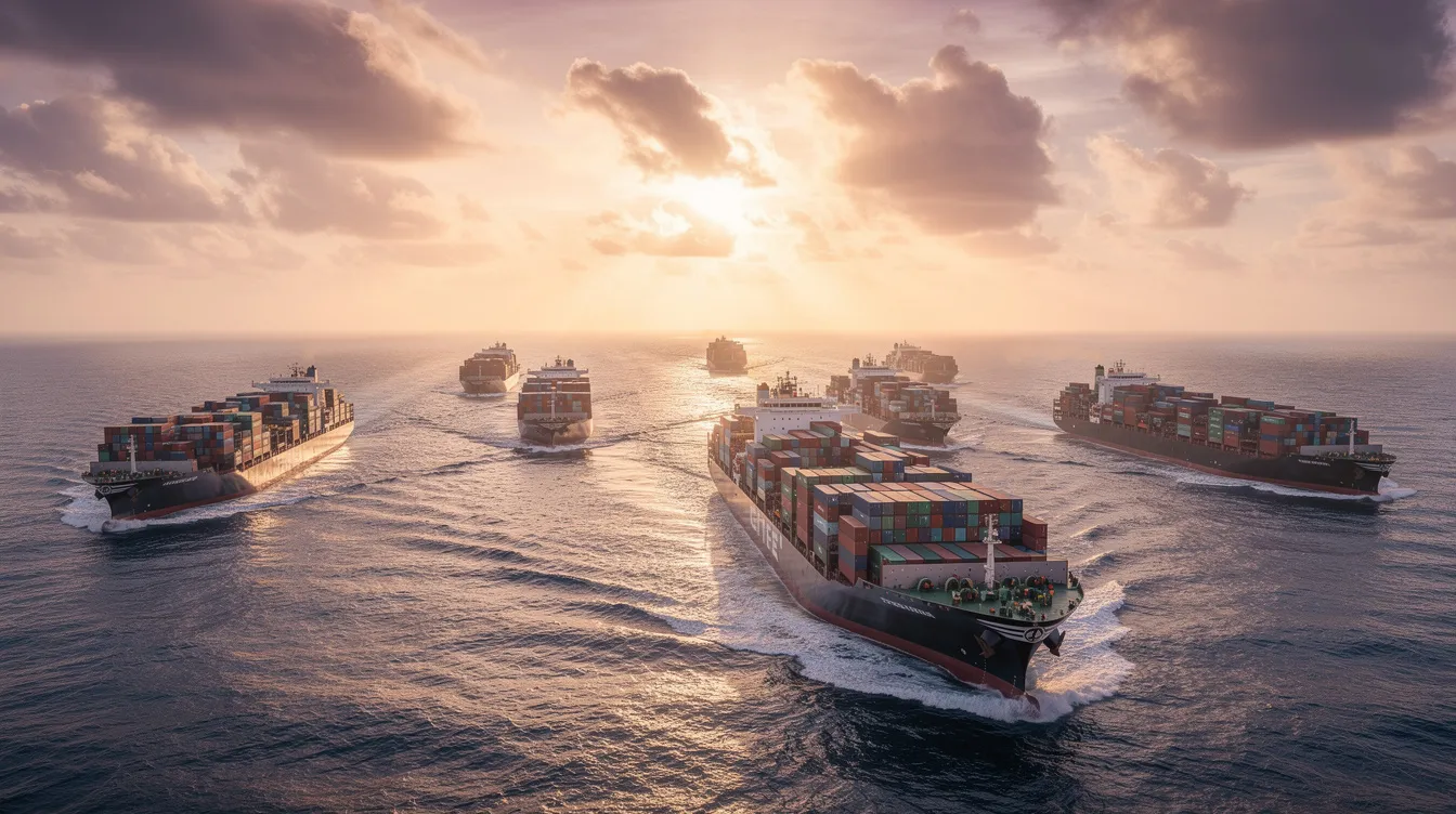 A fleet of commercial cargo vessels sails across the open ocean at sunset, symbolizing the vital role of global trade and container shipping in connecting supply chains. The picturesque scene highlights the importance of routes like the Suez Canal, which facilitates faster transit times and reduces transportation costs for shipping goods worldwide.