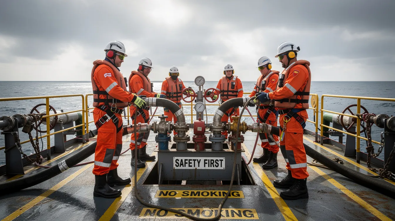 A group of maritime crew members, equipped with protective safety gear, is actively engaged in cargo operations on the deck of a modern chemical tanker. They are following safety protocols to ensure the efficient handling of hazardous chemicals and maintain compliance with international safety management standards.