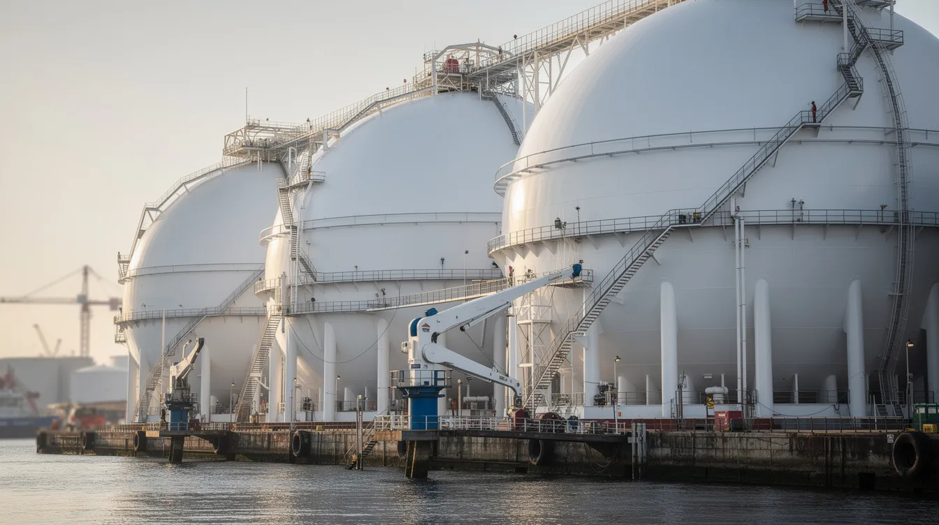 The image shows a close-up view of large spherical Moss-type cargo tanks on an LNG carrier at a marine terminal, highlighting the cargo containment system designed for transporting liquefied natural gas. The tanks are part of the vessel's safety systems, ensuring compliance with safety standards during cargo operations.