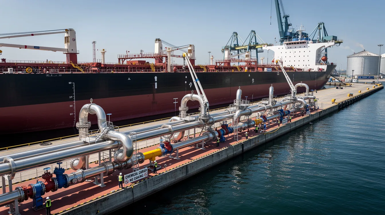 A chemical tanker vessel is docked at a port terminal, showcasing its deck equipped with cargo manifolds and piping for handling liquid chemicals. This modern chemical tanker is designed for efficient vessel operation and adheres to international safety management protocols for transporting hazardous chemicals and refined fuel.