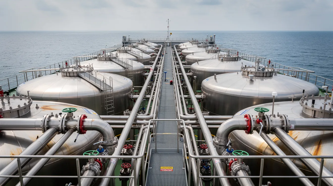 The image shows stainless steel cargo tank domes and pipelines on the deck of a chemical tanker at sea, illustrating the specialized equipment used in chemical tanker operations to safely transport hazardous chemicals and liquid cargoes. This setup highlights the importance of safety protocols and efficient vessel operation in the oil industry.