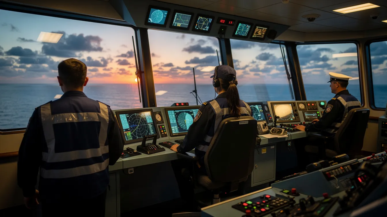The image depicts ship crew members on the bridge of a large vessel, gazing out over the open ocean at dusk. The scene captures the essence of maritime operations, highlighting the crew's vigilance in navigating potential war risk areas, which is crucial for shipping companies considering war risk insurance costs and insurance premiums in their logistics planning.
