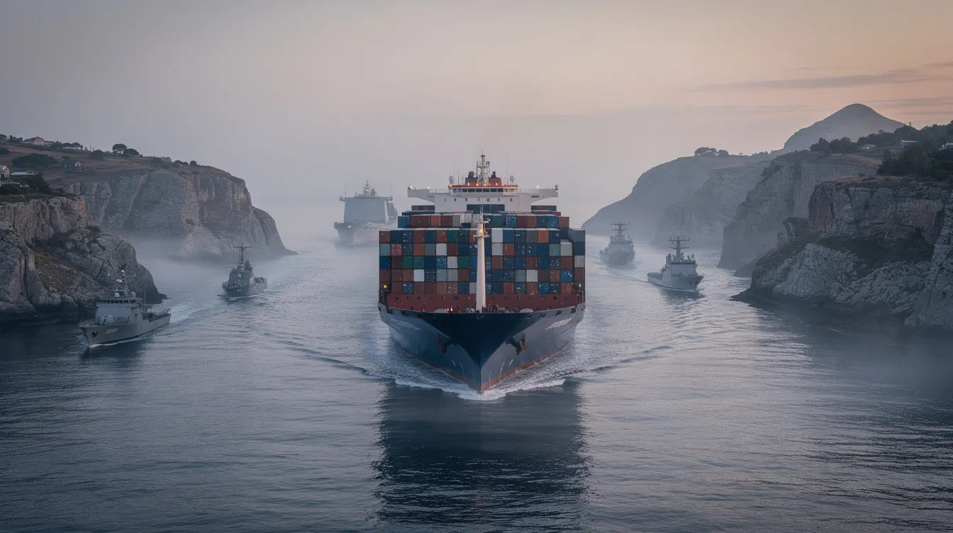 A large cargo ship navigates through narrow coastal waters, accompanied by military escort vessels in the distance, highlighting the heightened security measures due to war risk. This scene reflects the complexities of shipping operations in high-risk areas, where insurance costs and premiums are influenced by the potential for conflict.