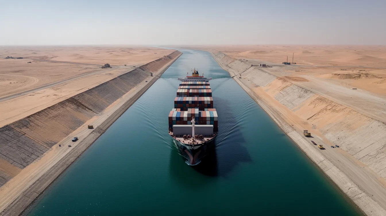 A large container ship navigates through a narrow waterway, flanked by a vast desert landscape, symbolizing the crucial role of the Suez Canal in global trade and its impact on shipping routes. This transit highlights the importance of the canal in maintaining efficient supply chains and reducing transportation costs for commercial vessels.