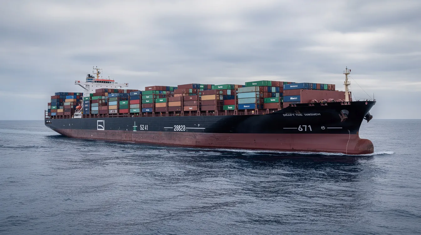 A large cargo ship is sailing at sea, showcasing its hull with visible draft markings that indicate the waterline. This image highlights the importance of draft restrictions as set by the Panama Canal Authority, particularly amid ongoing discussions about water management strategies and the impacts of climate conditions on canal transits.
