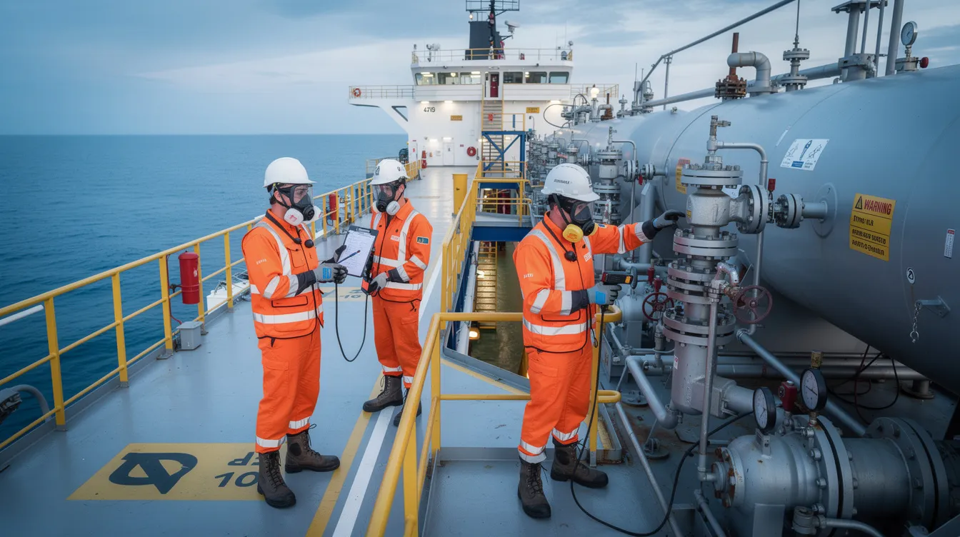 A team of crew members in full personal protective equipment (PPE) is conducting safety checks on the cargo deck of a gas carrier, ensuring compliance with safety standards for the liquefied natural gas (LNG) cargo containment system. They are inspecting pressure relief valves and other safety devices to prevent accidents during cargo operations.