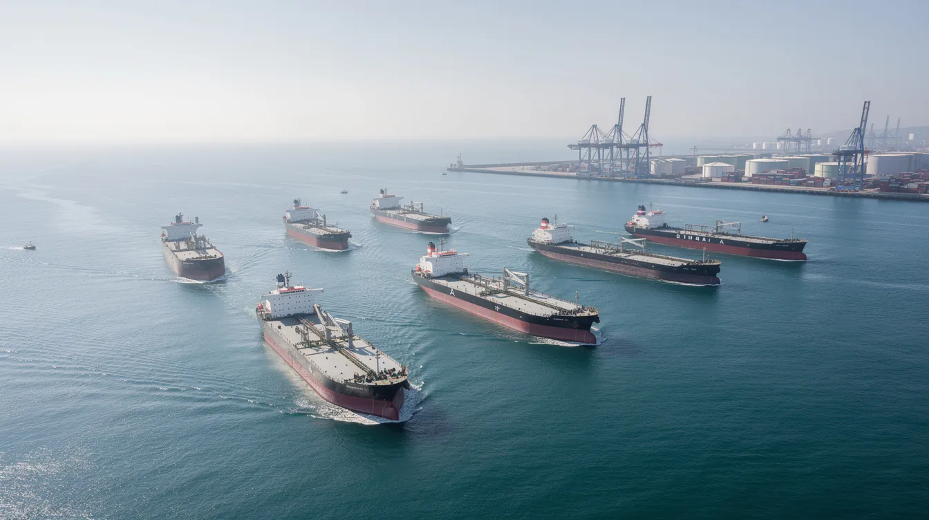 The image depicts multiple tanker vessels anchored in open water, with a distant port visible on the horizon, highlighting the logistics of shipping companies operating in high-risk areas. This scene underscores the importance of war risk insurance for ship owners, as they navigate potential insurance costs and premiums associated with vessels trading in regions like the Persian Gulf and the Red Sea.